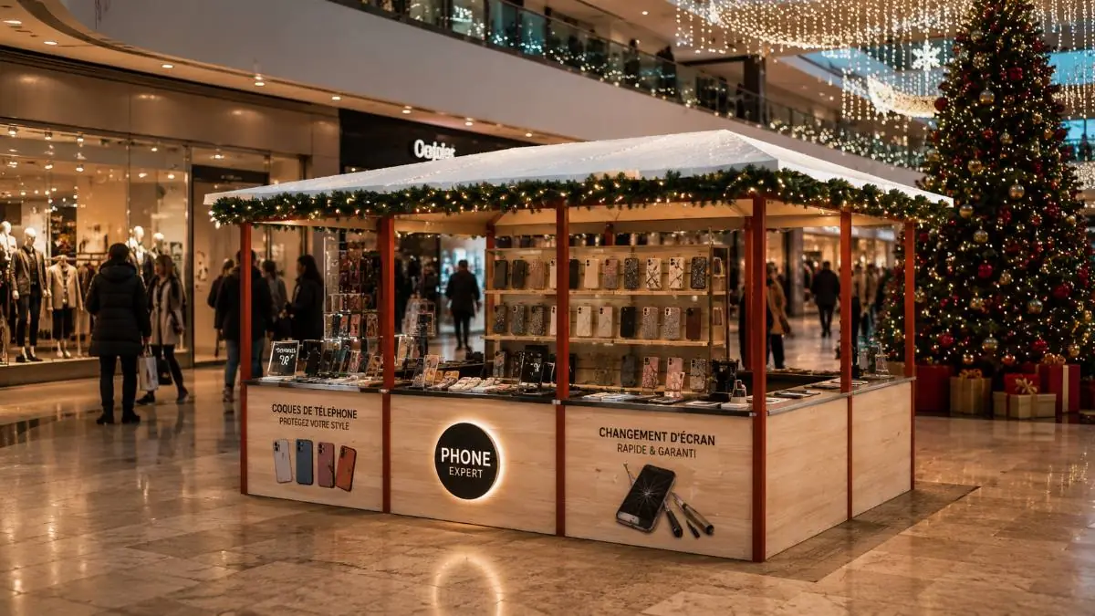 Corner de vente de coques de téléphone installé dans une galerie marchande décorée pour Noël