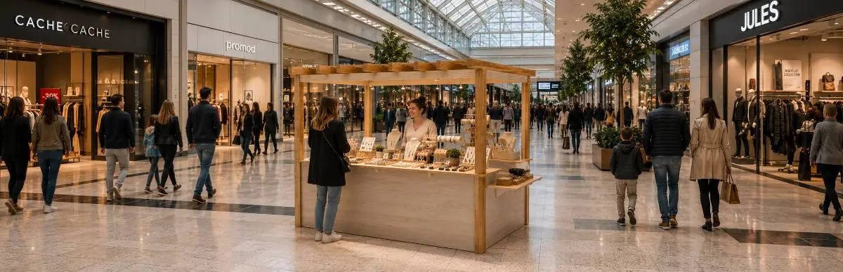 Comptoir en bois Le Vagabond installé au milieu d'une allée de centre commercial, entouré de passants