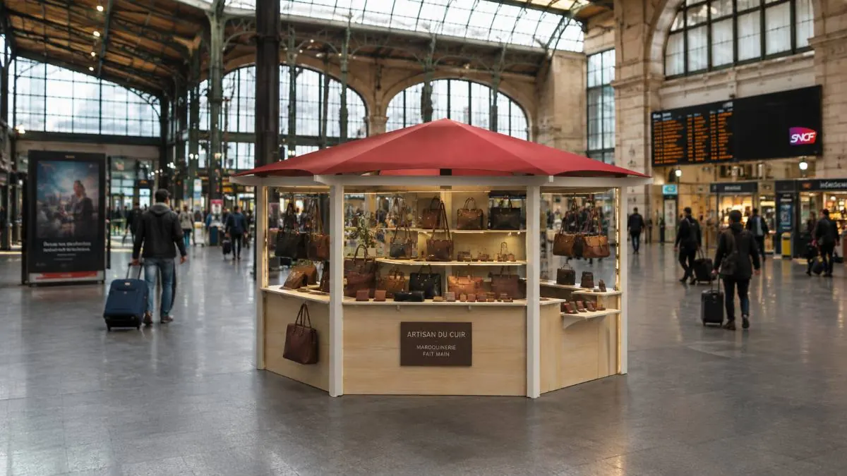 Kiosque hexagonal à toiture rouge accueillant un vendeur de maroquinerie dans un hall de gare
