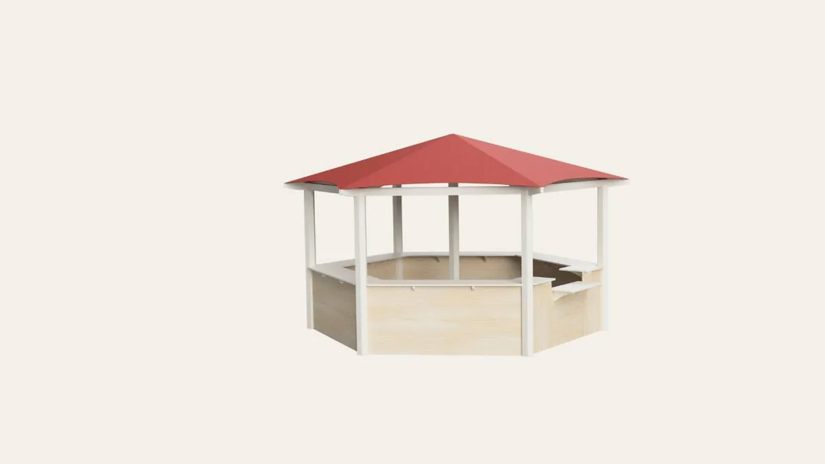 Vue 3D d'un kiosque hexagonal à toiture rouge, comptoirs périphériques sur tout le pourtour