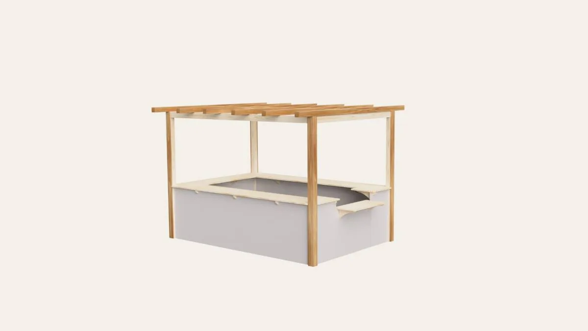 Vue 3D d'un pop-up store carré : ossature bois ajourée en toiture et comptoirs blancs sur trois côtés