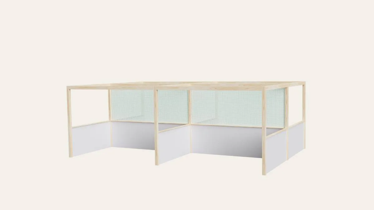 Vue 3D d'un stand modulaire bas, panneaux blancs et vert d'eau alignés sur toute la longueur